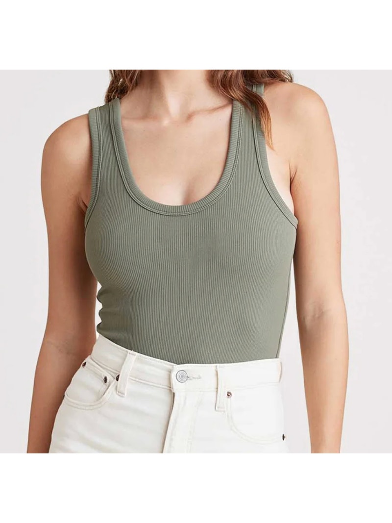 Nuuds Green Olive Ribbed Scoop Neck Bodysuit Tank Top Large L